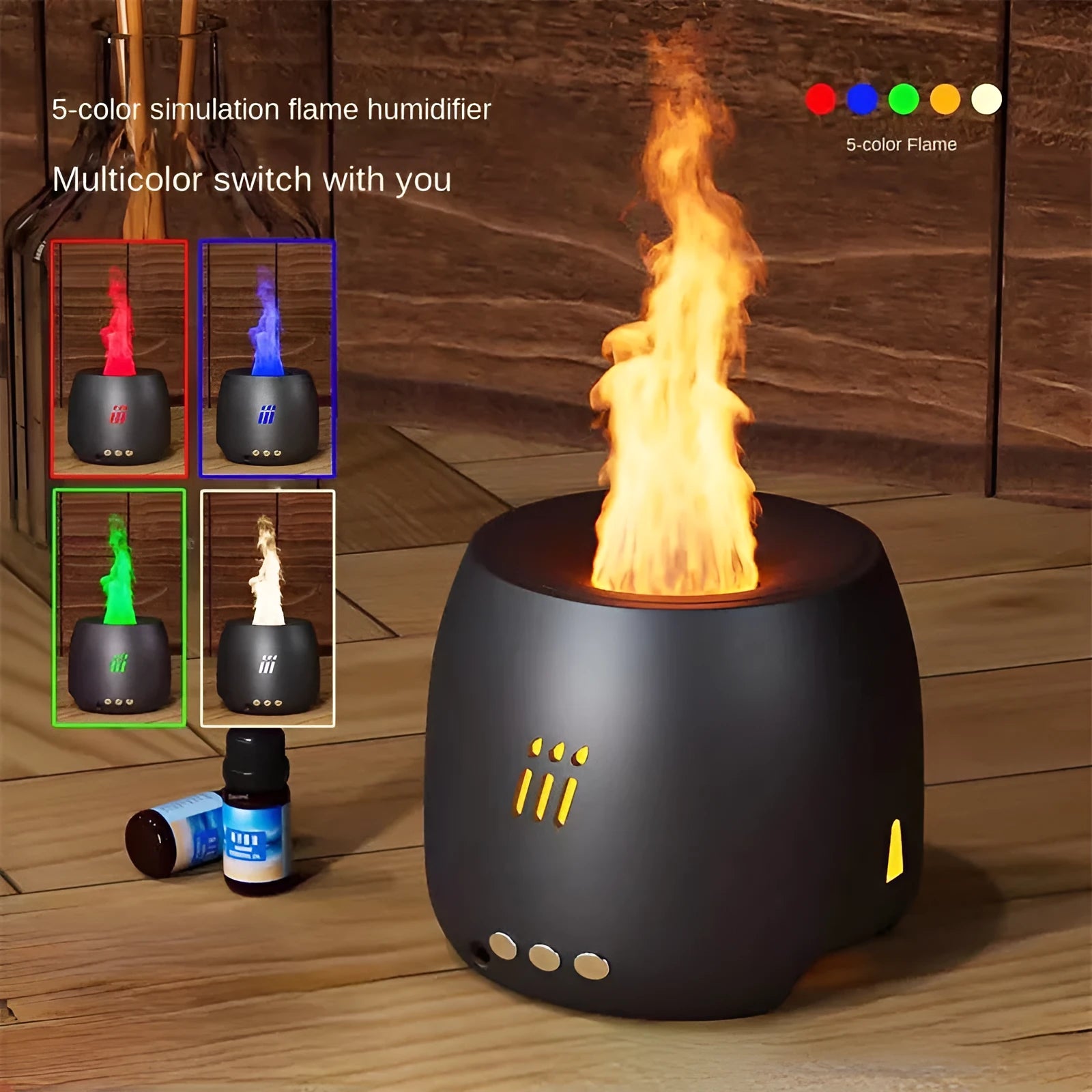 Black round flame aroma diffuser humidifier with LED lighting on wooden surface