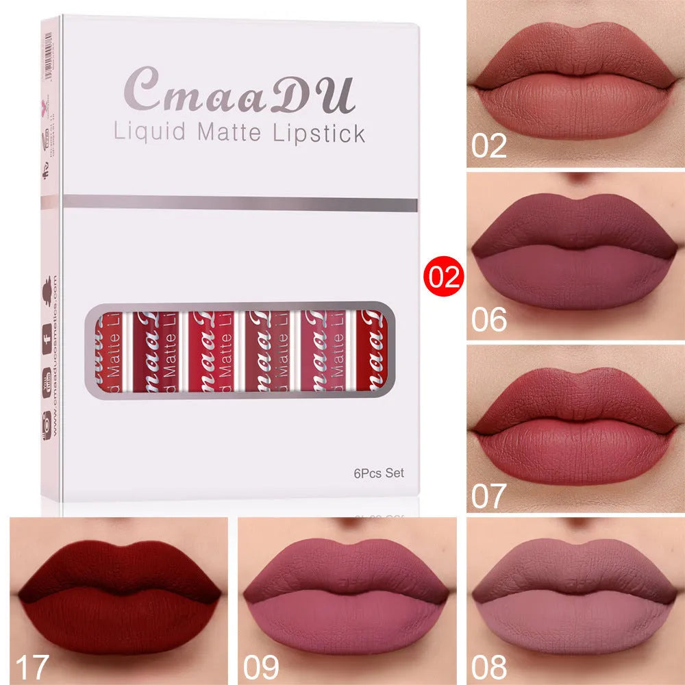 Box containing six tubes of matte finish, waterproof lip gloss in assorted styles.