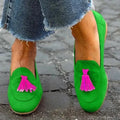Flat round head shallow mouth tassel women's casual pumps in emerald green with suede upper and rubber sole
