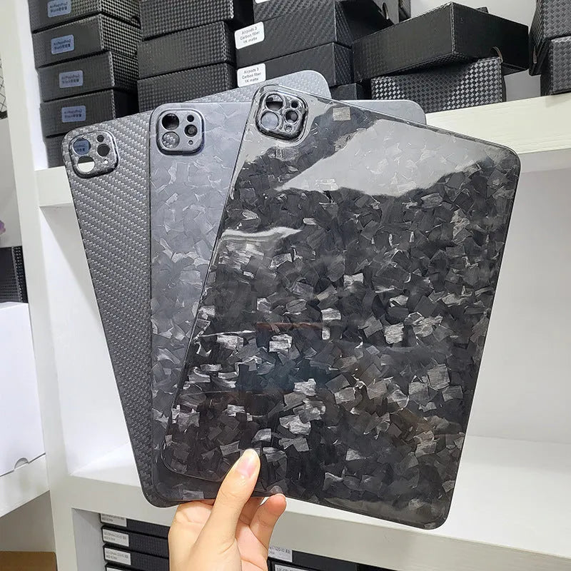 Carbon fibre flat protective cover for iPad Pro 11 inch in a plaid design with embossing.