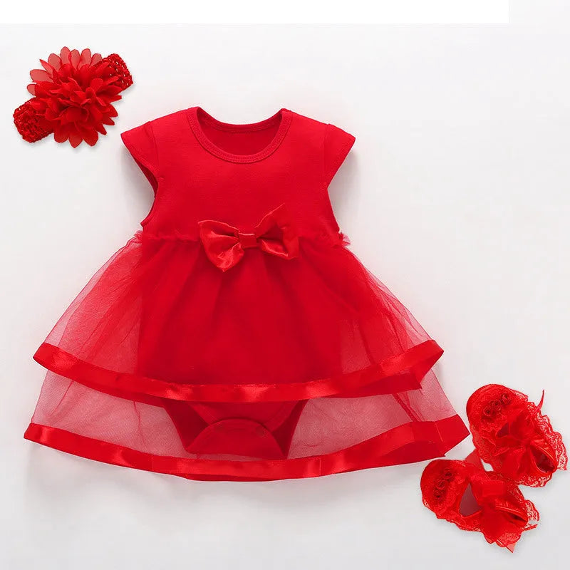 Baby girl cotton lace princess dress with pleated skirt, matching shoes and hairband in pink, red or white