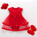 Baby girl cotton lace princess dress with pleated skirt, matching shoes and hairband in pink, red or white