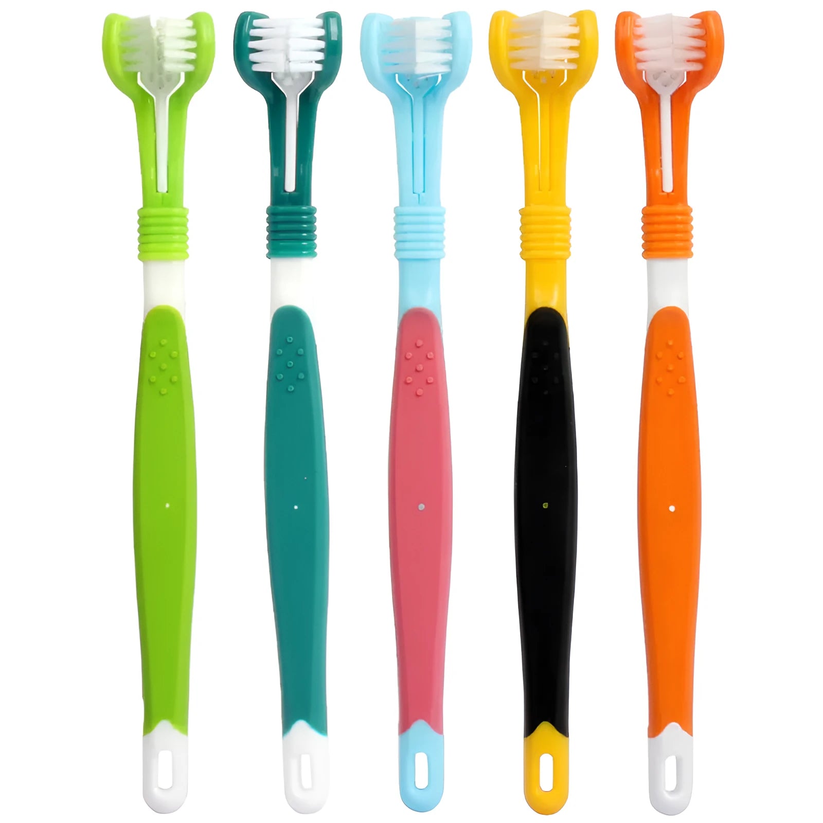 Three-head plastic pet toothbrush in 175x24x15mm size for oral cleaning, available in five colours