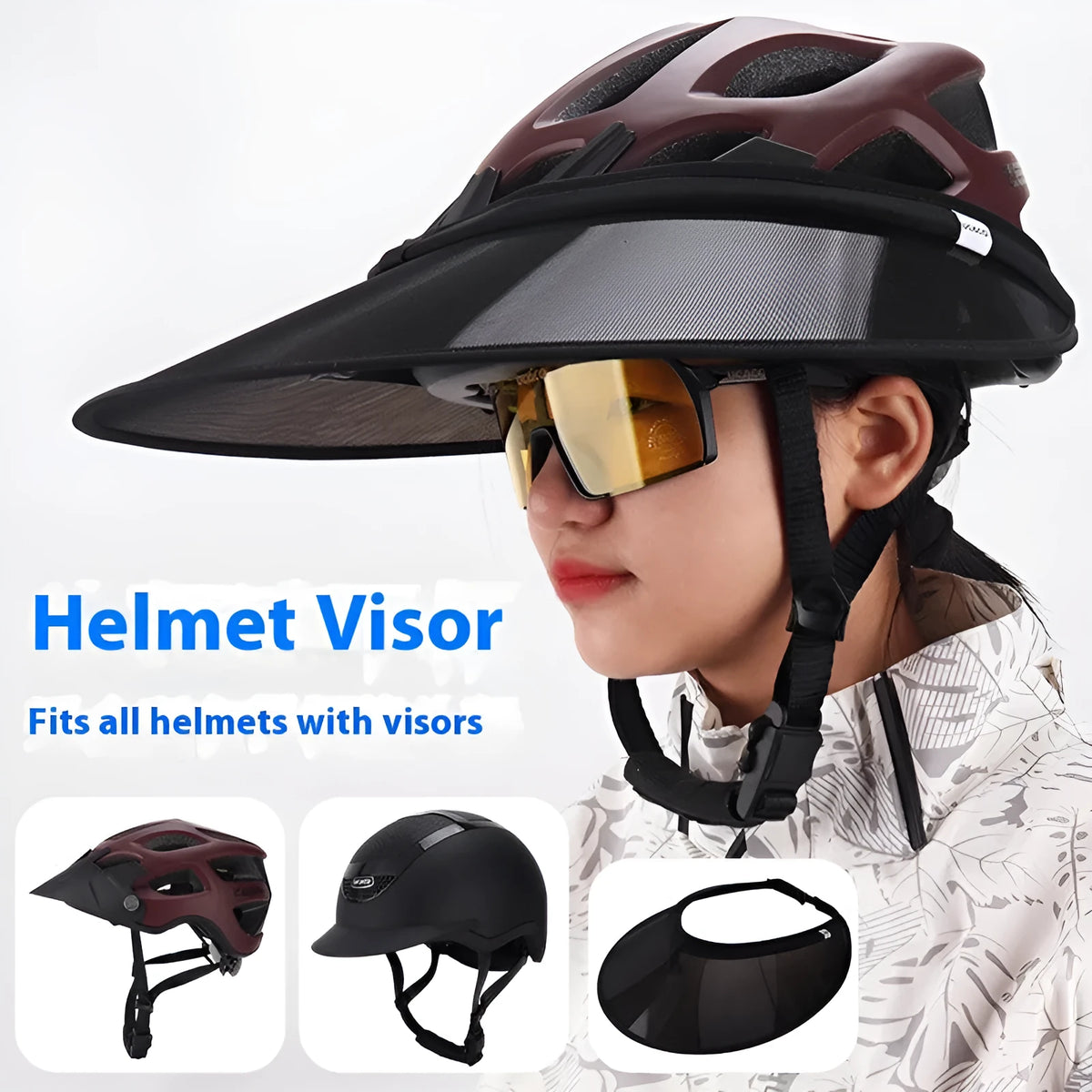Outdoor riding helmet in black PVC with built-in sun visor, side view, sizes M and L