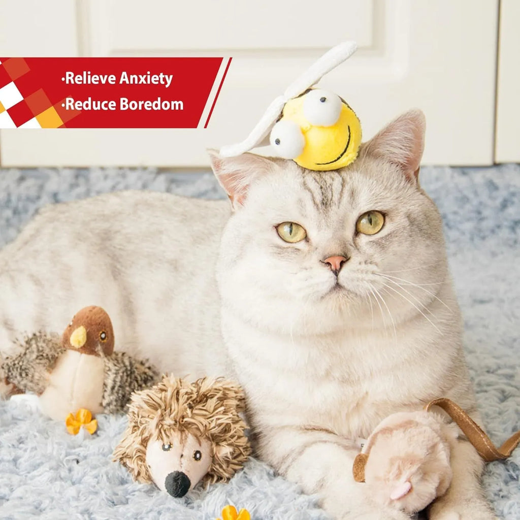 Yellow flannelette bee-shaped electronic cat toy that squeaks when moved