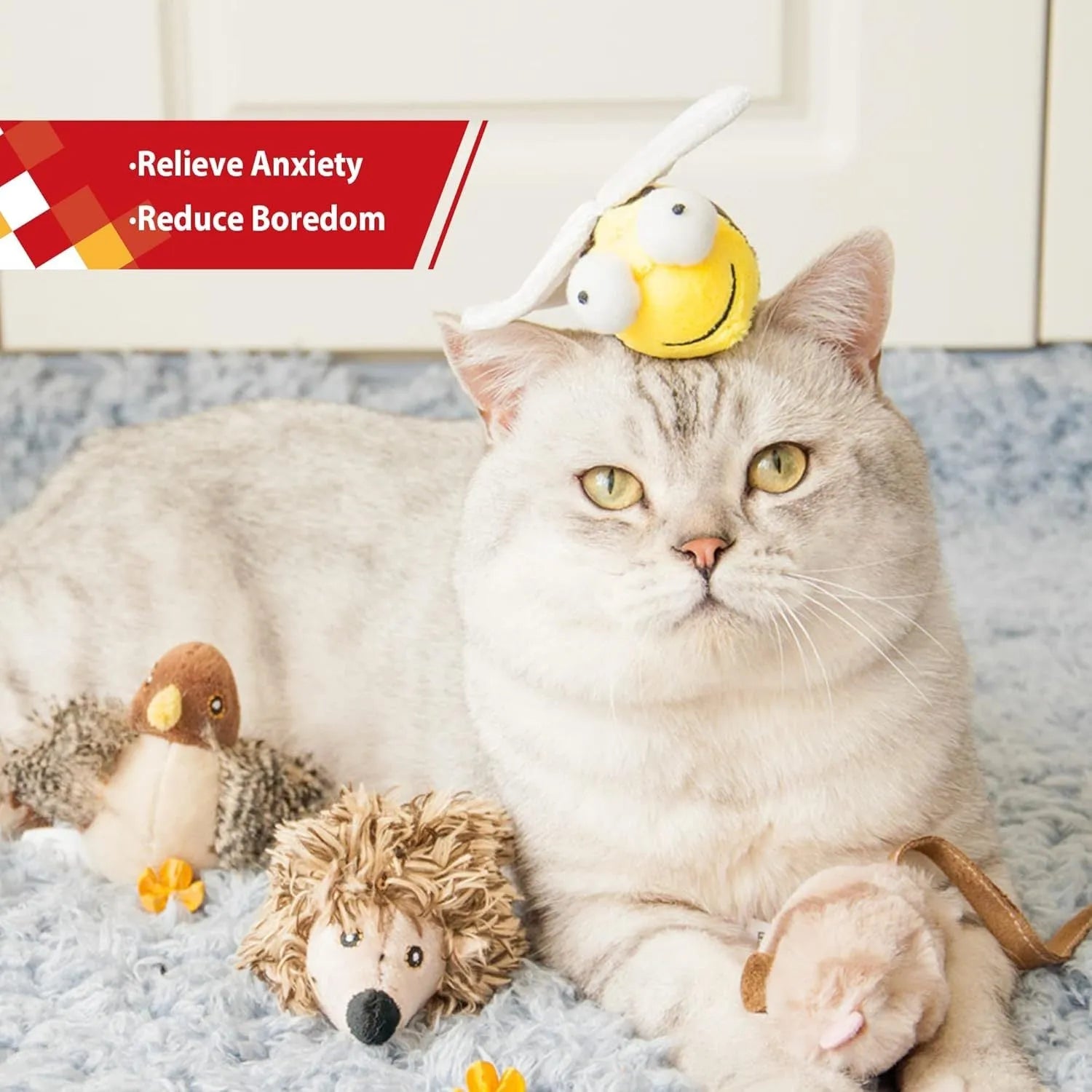Yellow flannelette bee-shaped electronic cat toy that squeaks when moved