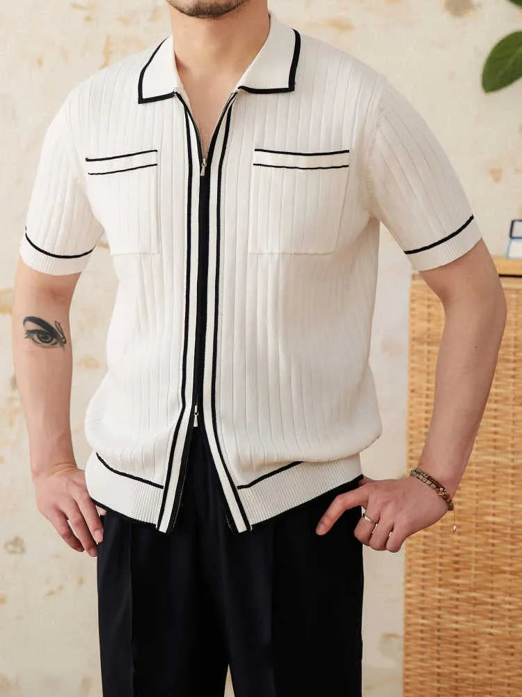 Slim elastic lapel polo shirt in black and white colour options showing front and detail views