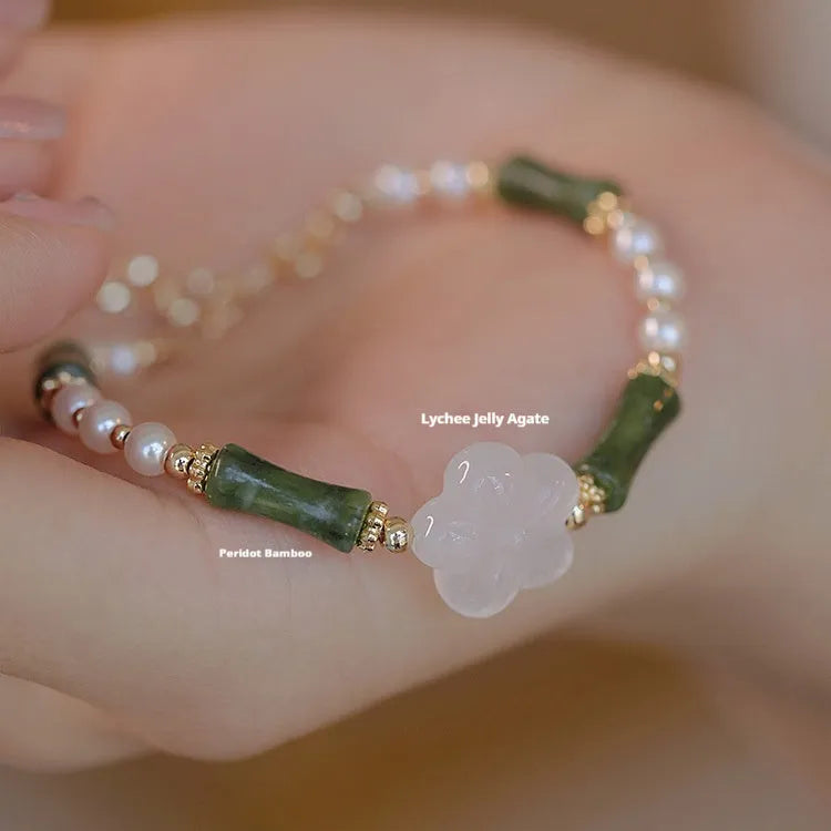 Chinese style antique bamboo joint bracelet with 4mm copper shell pearls and Hetian jade accents