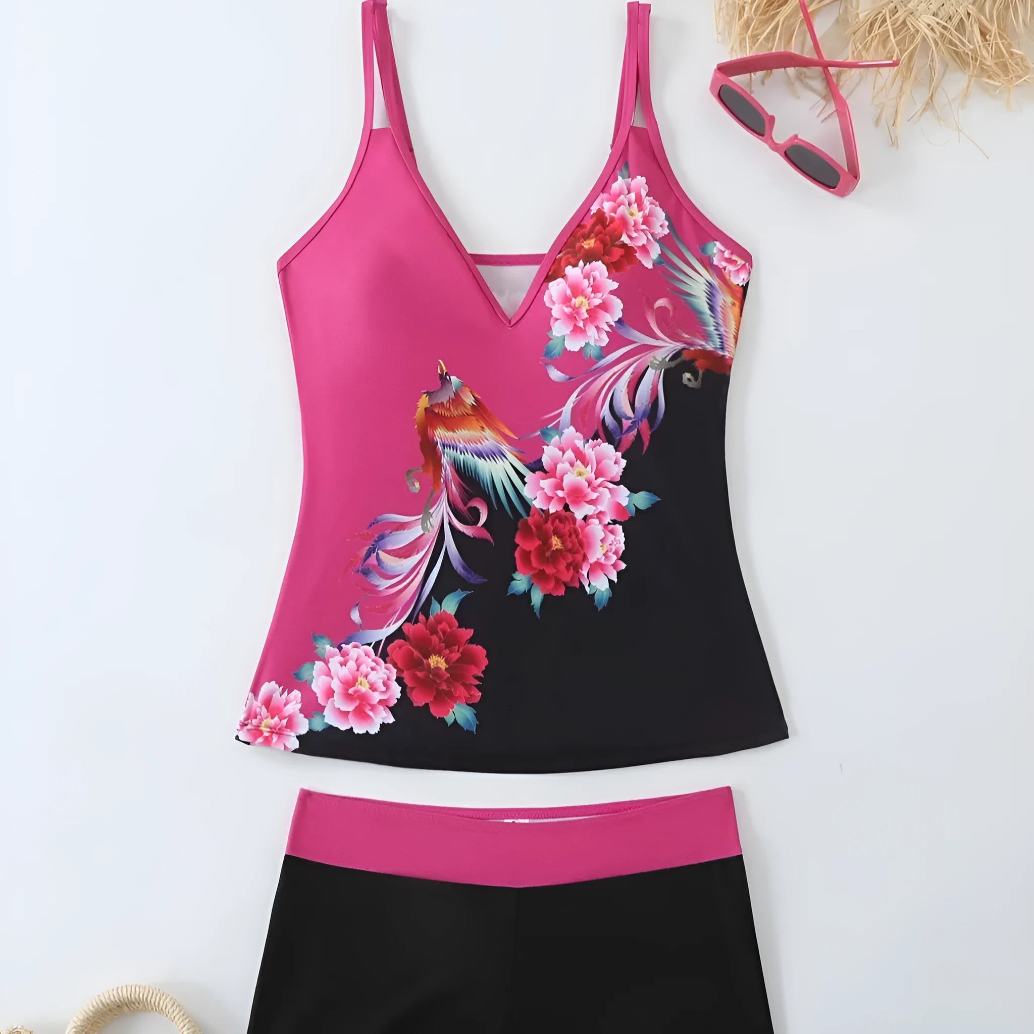 Plus size women's swimsuit set with printed briefs in black or rose red with matching swimming trunks