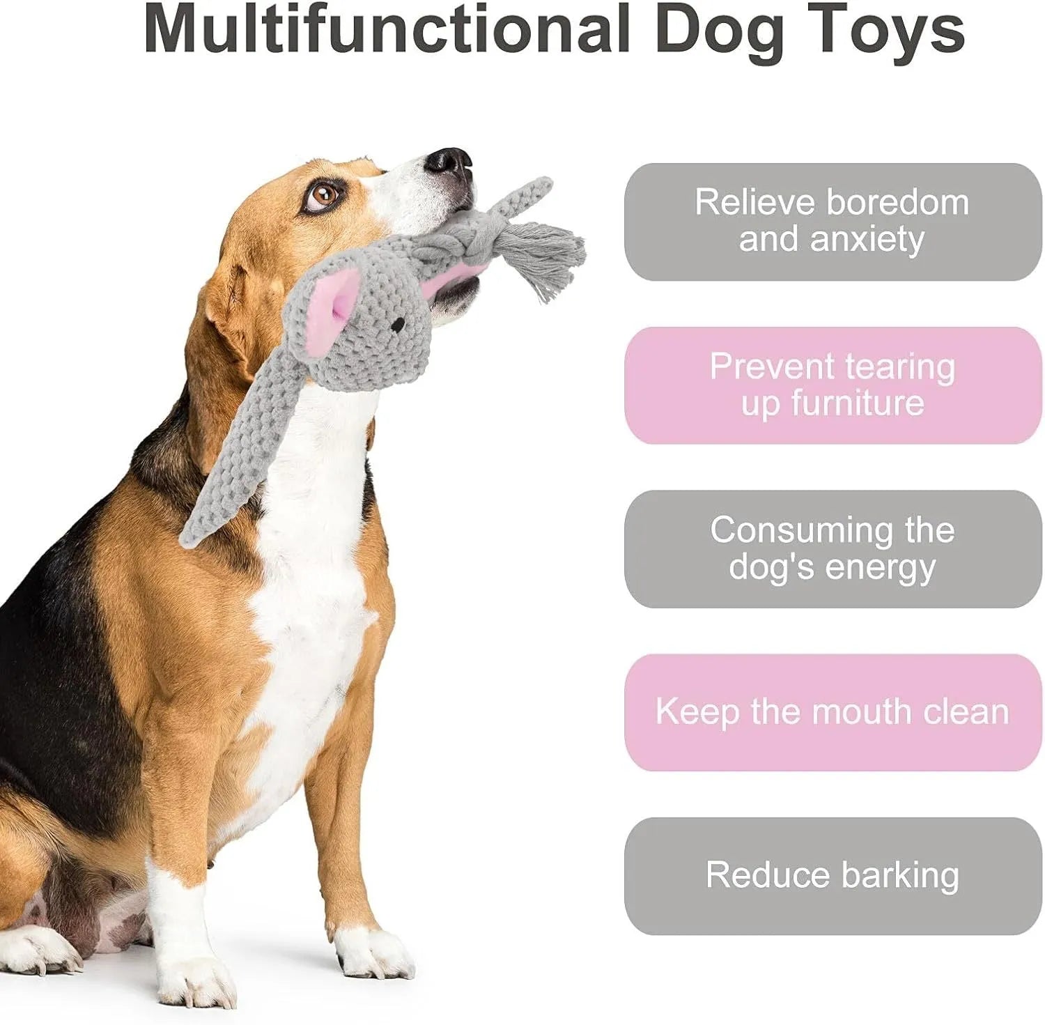 Dog plush chewing toy with squeaker and crinkle paper in elephant, fox, monkey, pig, and rabbit designs for small dogs