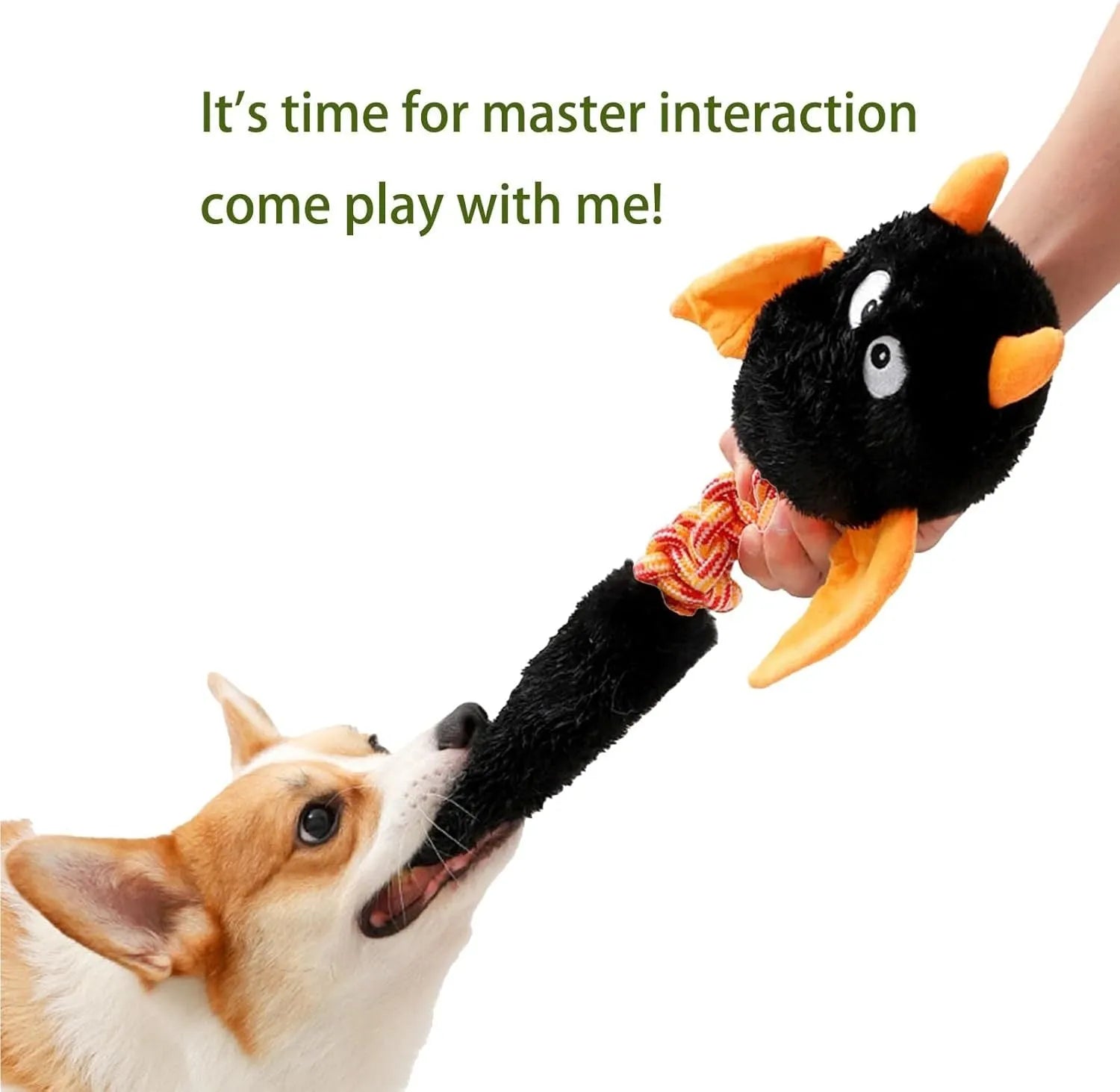 Large black, green, or red plush dog toy with cartoon design, squeaker, and rope knot.