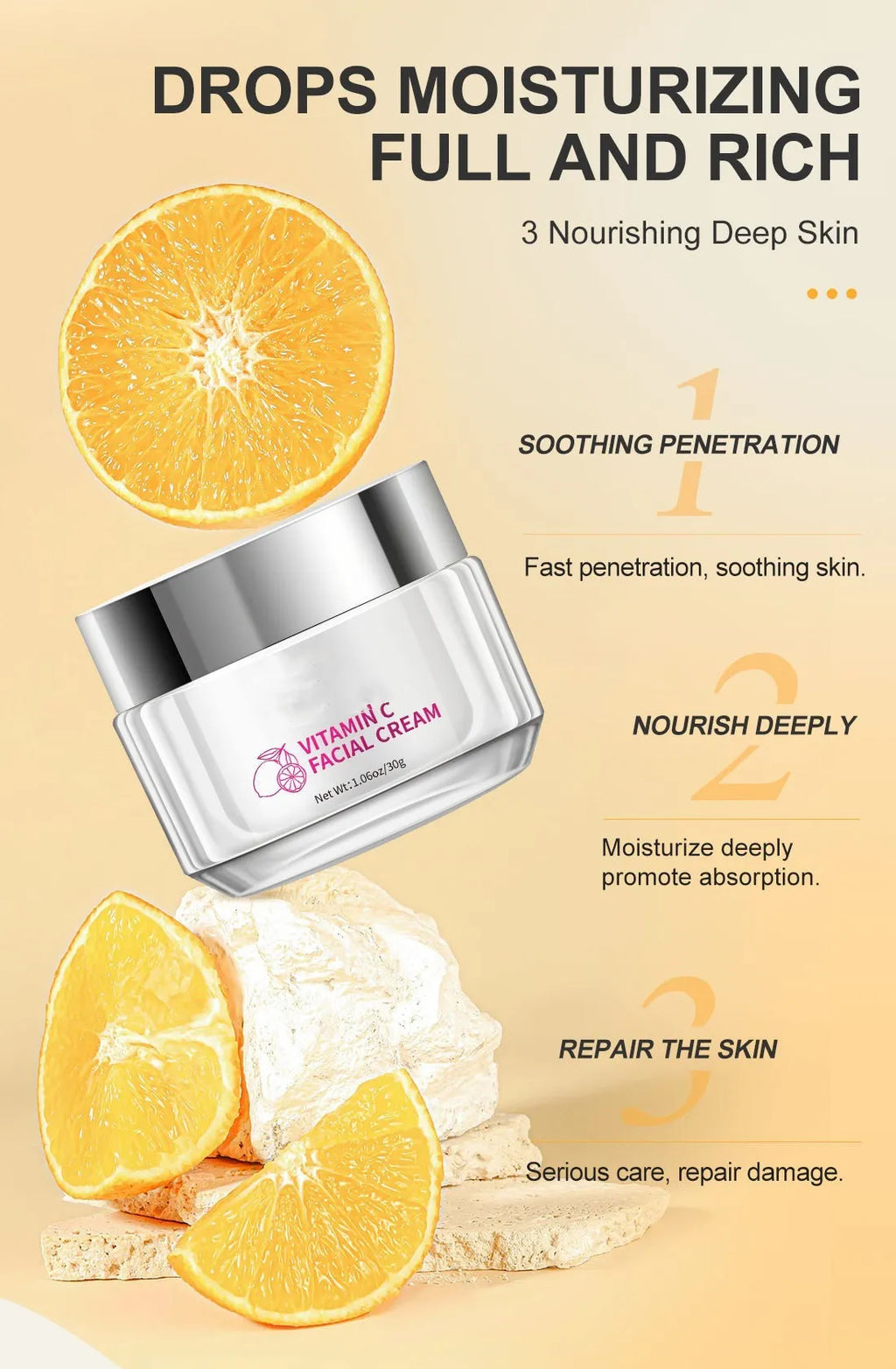 30g Vitamin C face cream jar with compact 6x6x5.2cm dimensions for universal skin types