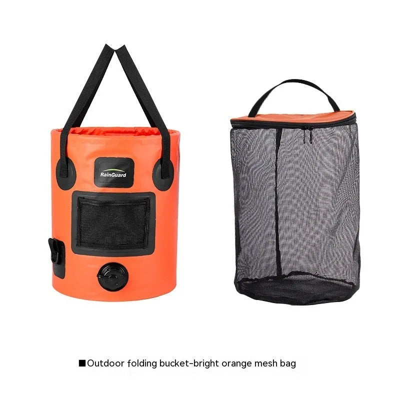 25-litre folding plastic outdoor fishing bucket shown in lemon yellow colour with optional built-in mesh net pocket