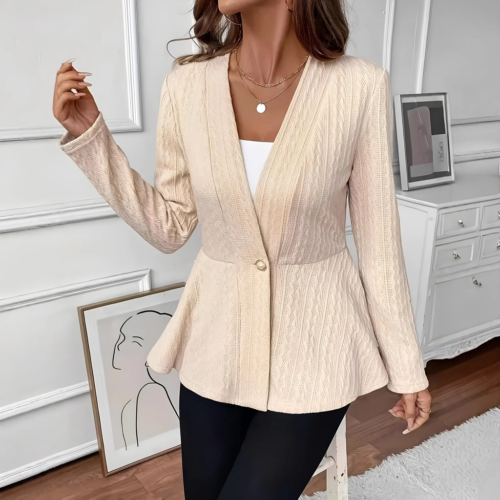 Women's solid colour one button knitted cardigan in apricot with jacquard pattern and long sleeves
