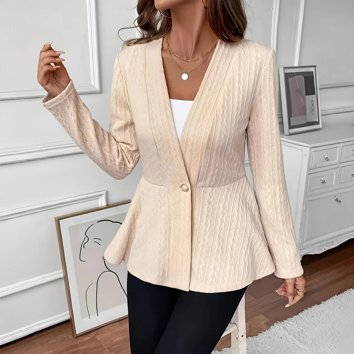 Women's solid colour one button knitted cardigan in apricot with jacquard pattern and long sleeves
