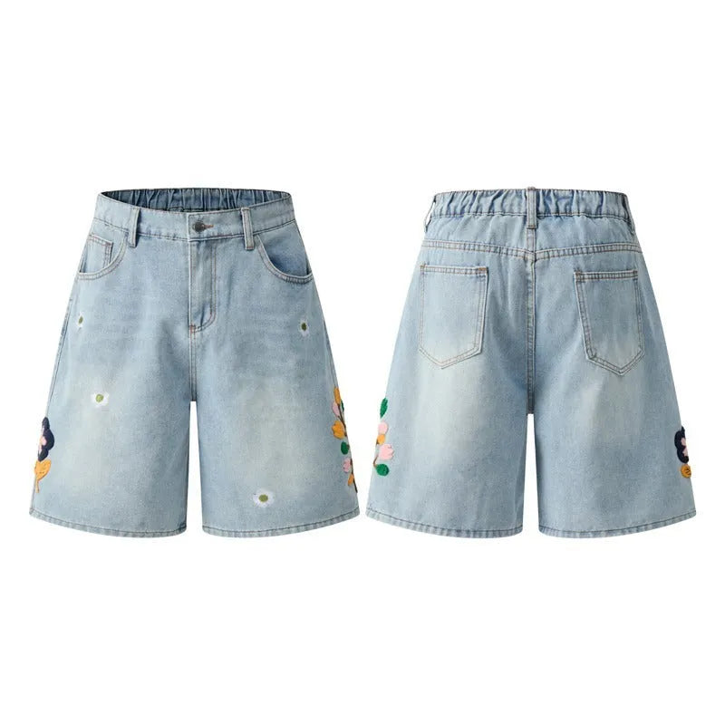 Retro washed cotton workwear shorts in loose fit with half elastic waistband