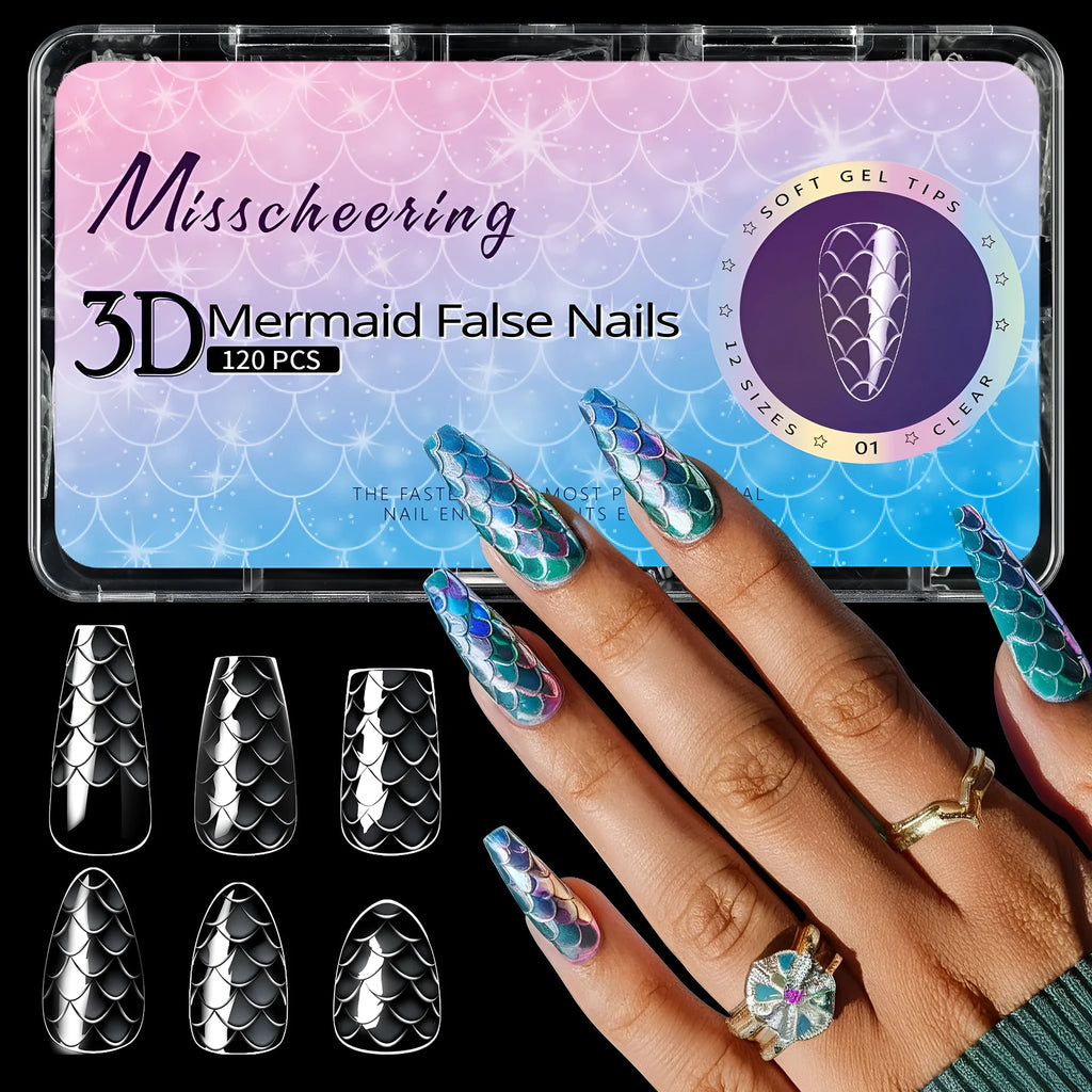 Pack of 3D Scale Long Shaping Nail Tips showing textured surface, labelled with Frigate Box variant code.