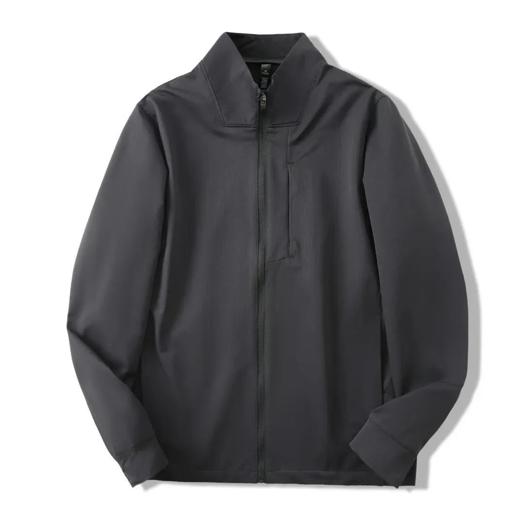 Men's black stand collar polyester sports casual jacket with long sleeves and straight hem