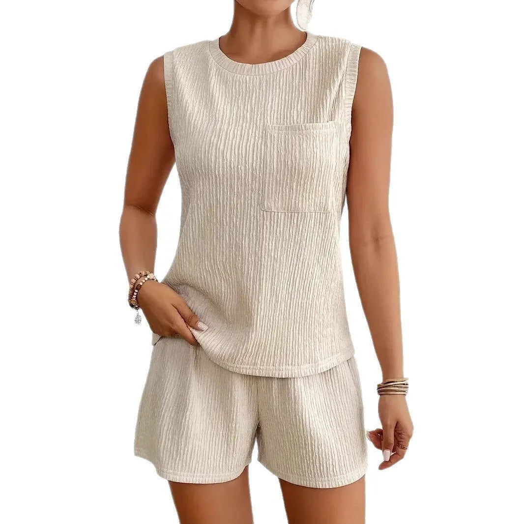 Women's apricot sleeveless vest and matching shorts set on hanger