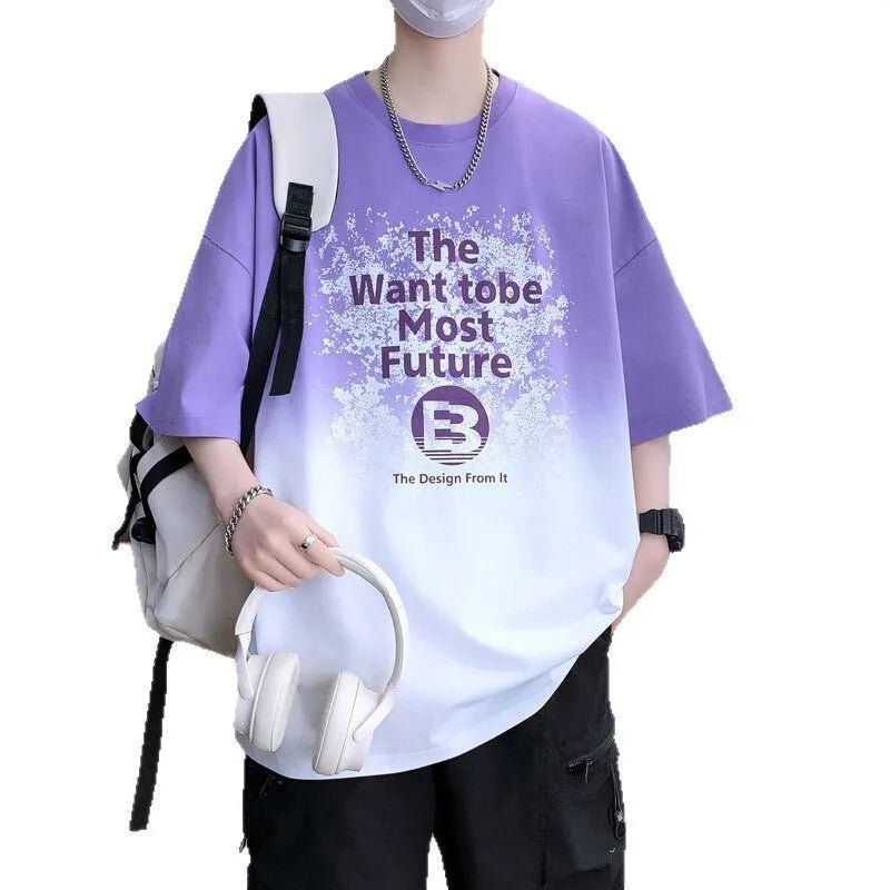 Boys blue Jacquard print letters T-shirt with drop-shoulder short sleeves