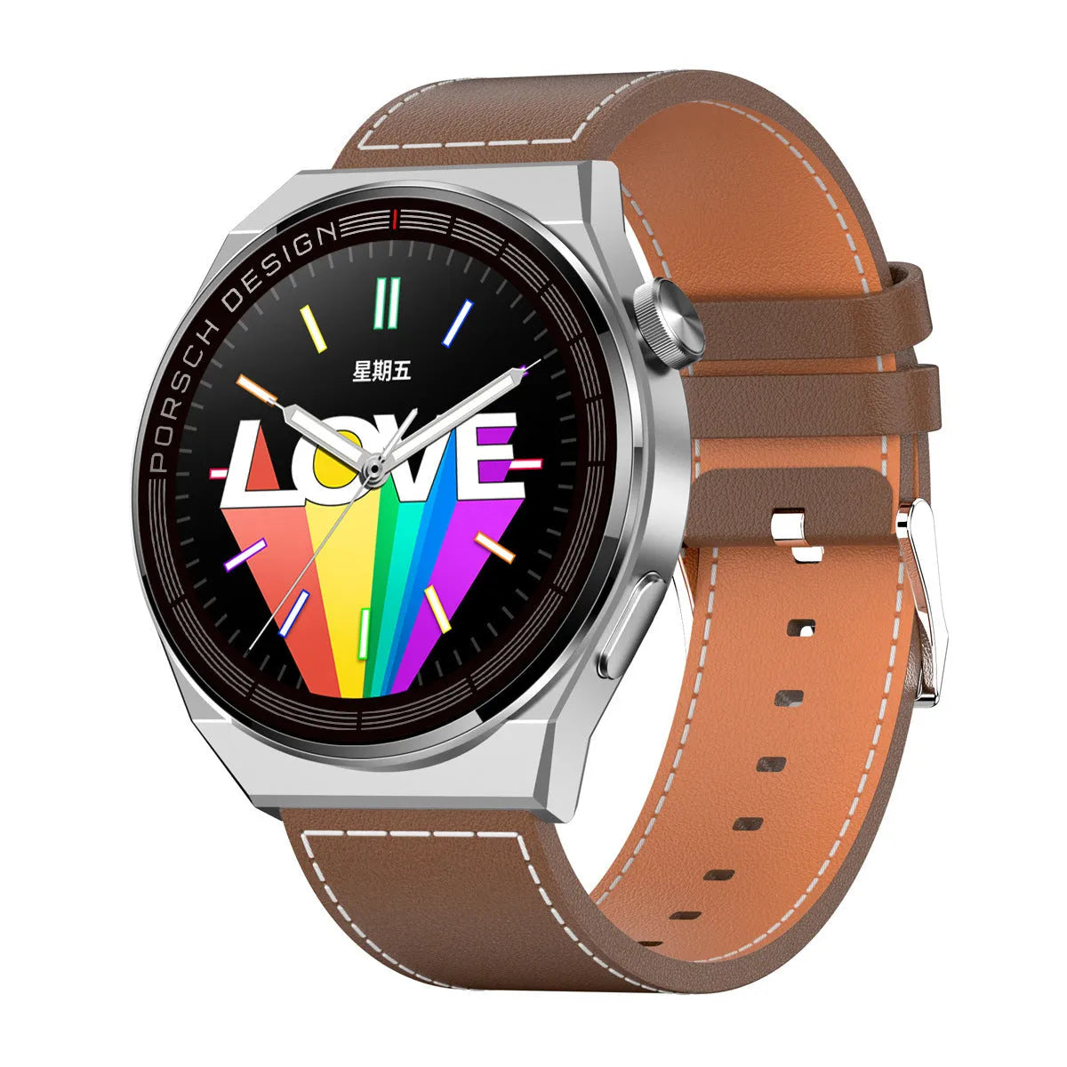 Smartwatch with black or silver case and choice of silicone, leather, or stainless steel strap on wrist