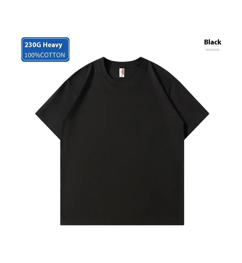 Heavy cotton loose fit t-shirt on a hanger, shown in a solid colour with short sleeves.