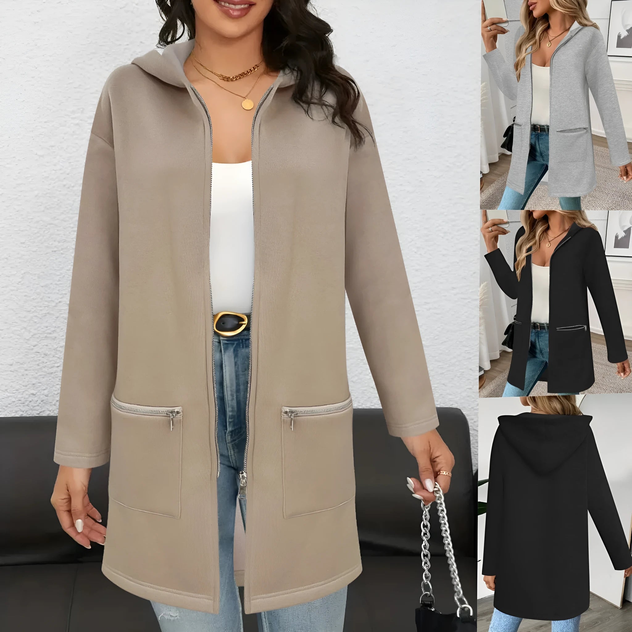 Women's loose fit mid-length cardigan coat in polyester fabric