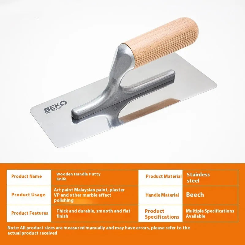 Decorative floor wall putty stainless steel scraper with wooden handle and 0.7mm blade