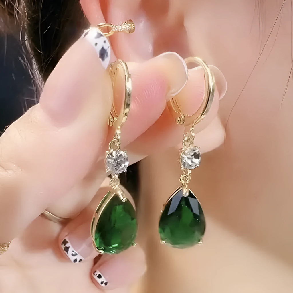 Green geometric teardrop earrings in alloy metal with drop-down design