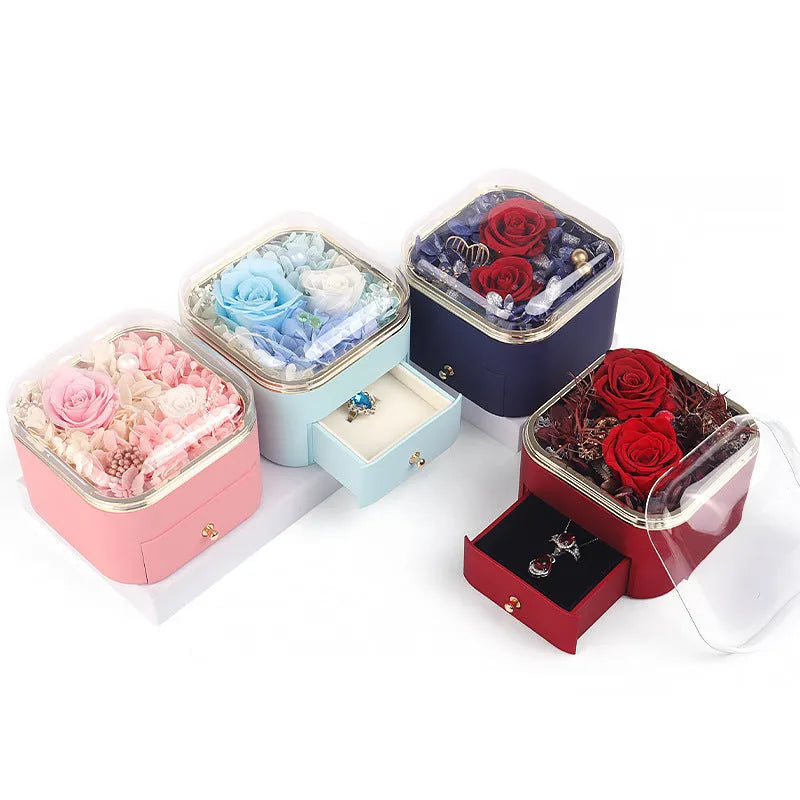 Valentine's Day rose flower drawer jewellery box with preserved real rose and matching love crystal necklace