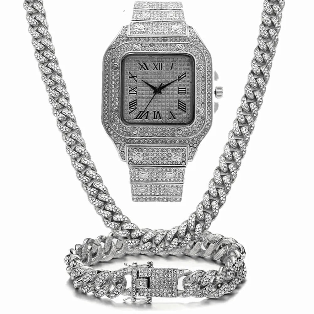 Roman grain graduation quartz watch set with square diamond dial, black mesh band, bracelet and necklace in gold, rose gold or silver.