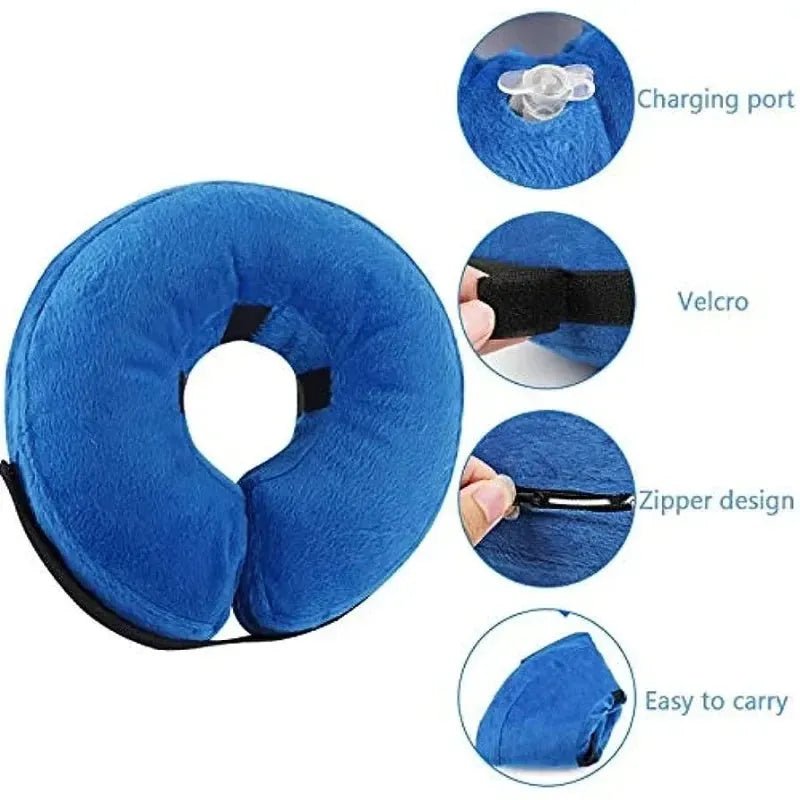 Blue soft inflatable dog recovery collar fastened around a dog's neck as an alternative to a plastic cone.