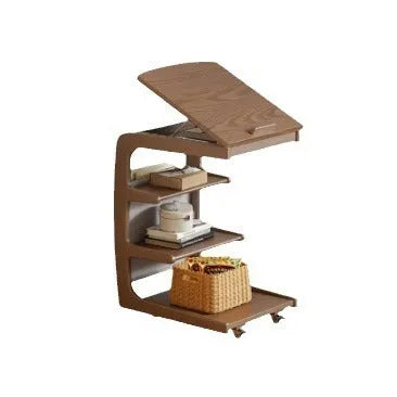 Movable solid wood side cabinet on wheels, walnut colour, 40cm wide, with bedside lamp and book
