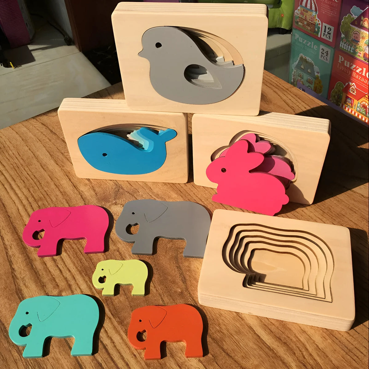 Children's multi-layer thickened wooden puzzle toy with elephant design, 11x15cm size, on white background