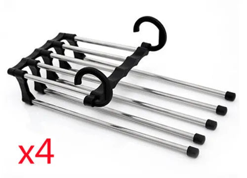 Black stainless steel five-boom trouser hanger showing level and vertical hanging options.