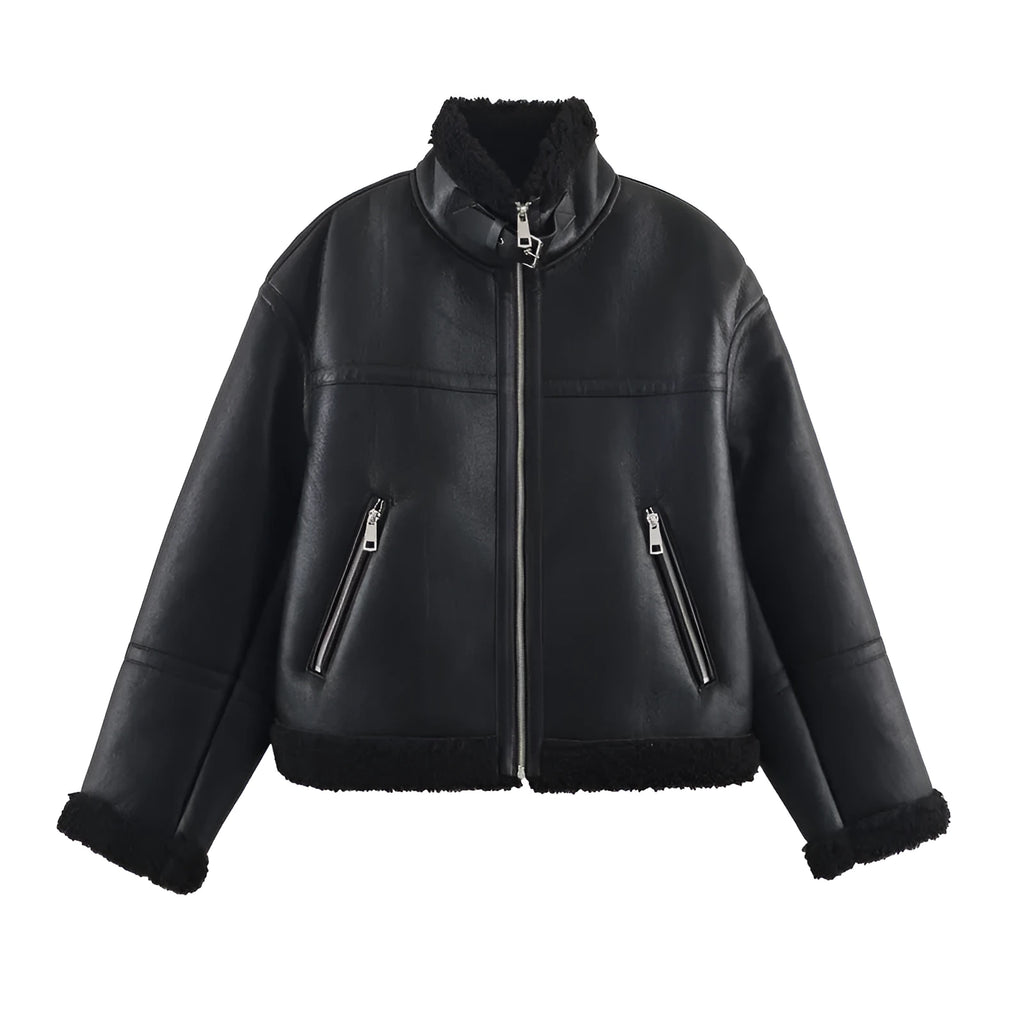 Women's black double-sided fleece jacket with PU fabric, shown front view, casual style, medium thickness.