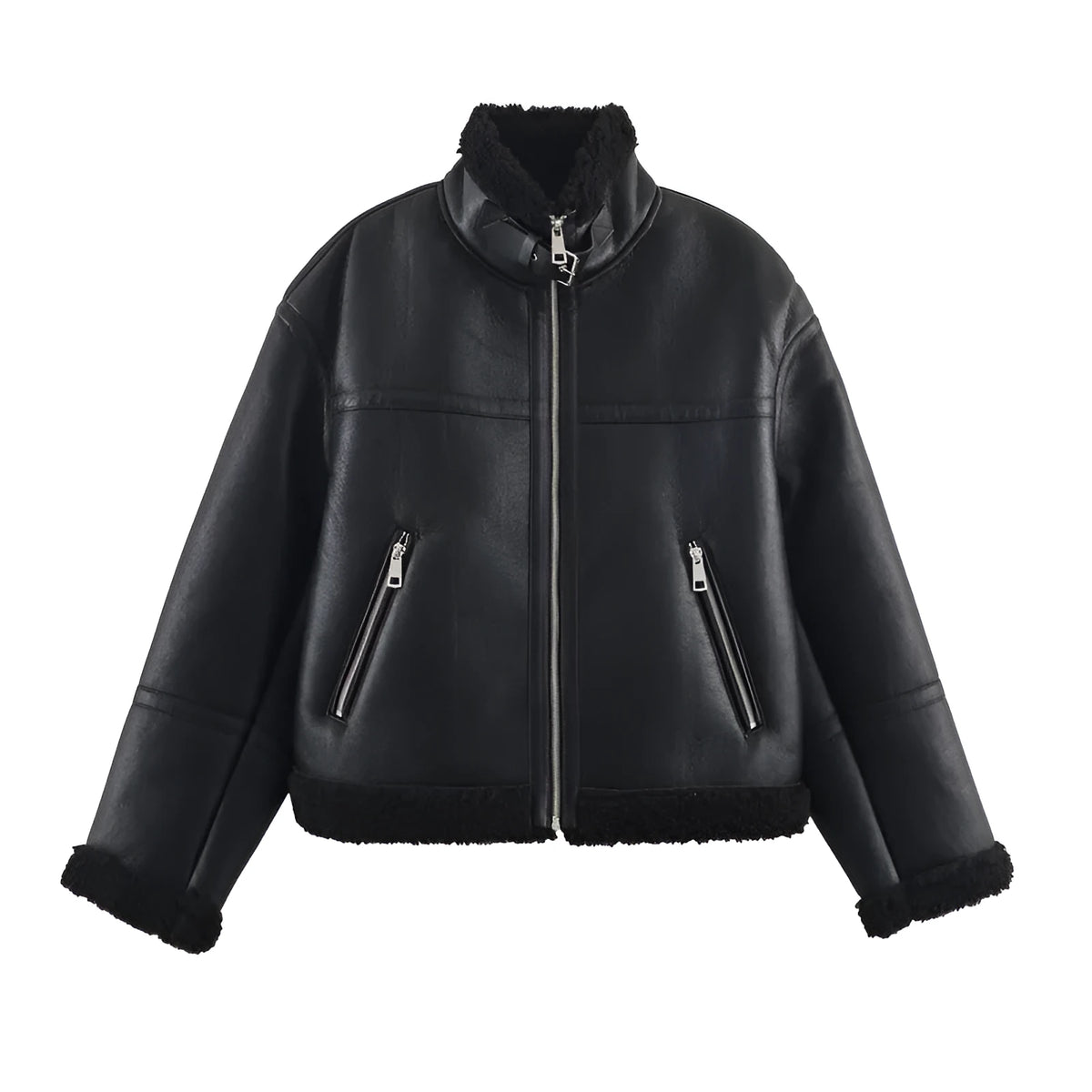 Women's black double-sided fleece jacket with PU fabric, shown front view, casual style, medium thickness.