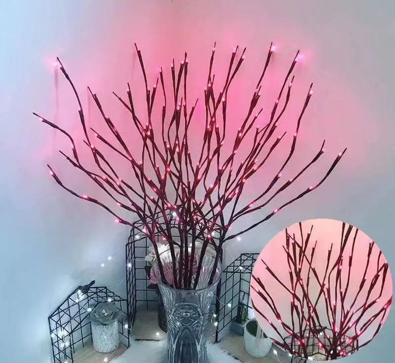LED decorative tree light with silver artificial branches in vase base showing multiple colour options
