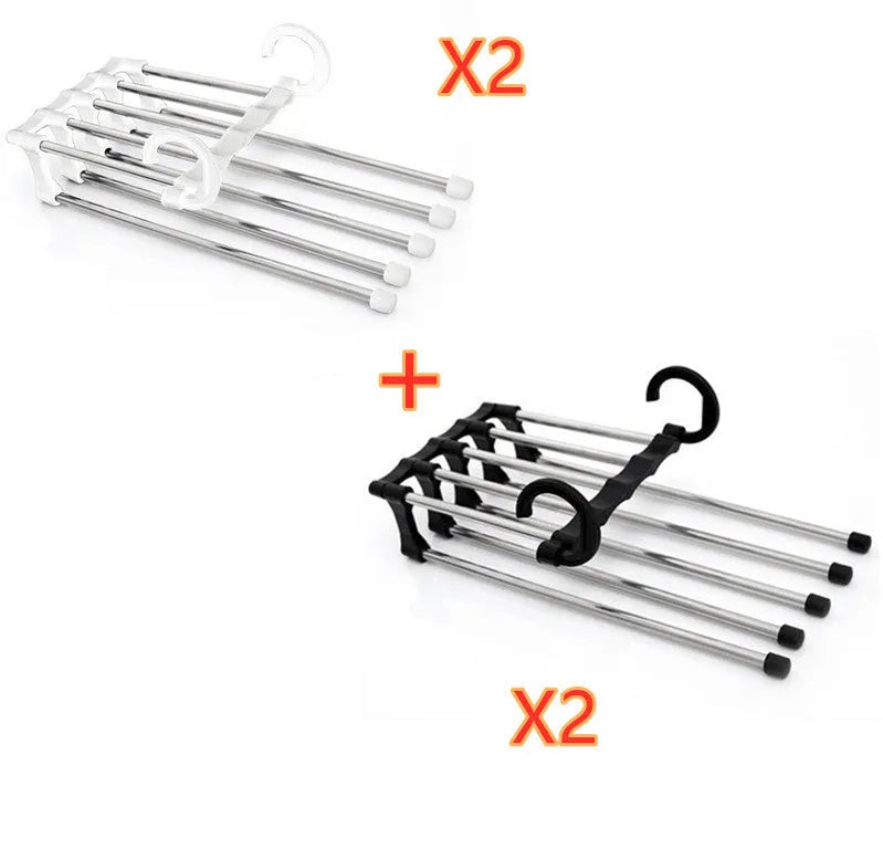 Black stainless steel five-boom trouser hanger showing level and vertical hanging options.