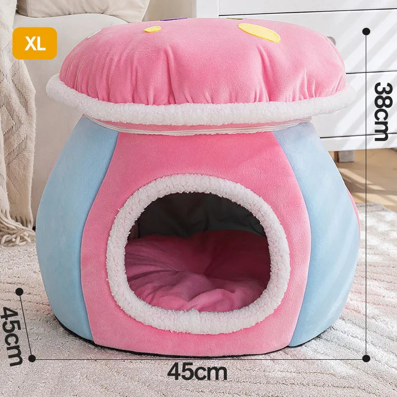 Mushroom-shaped cat nest with plush lining in grey, pink, or purple colours