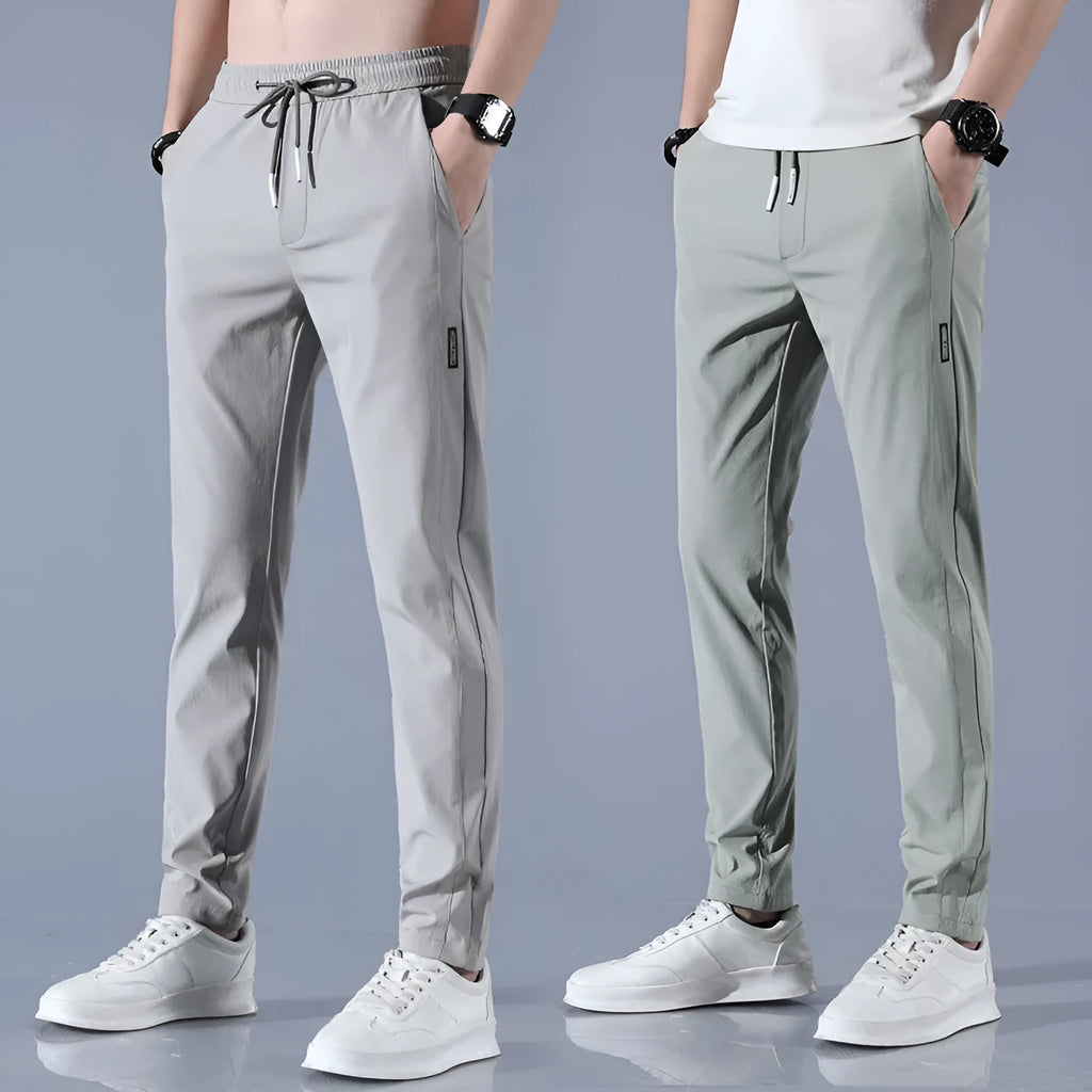 Men's summer ice silk stretch straight sports trousers in loose fit with drawstring, available in black, dark gray, light gray, light green