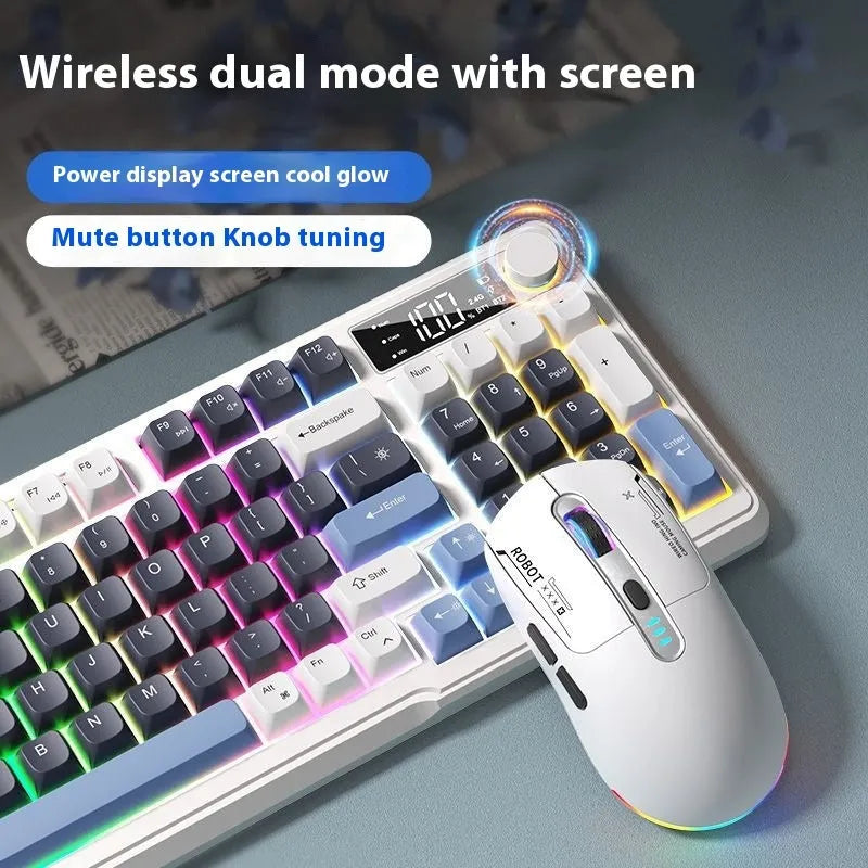 A blue and white two-tone wireless keyboard and mouse combo with mechanical-feel keys on a wooden desk.