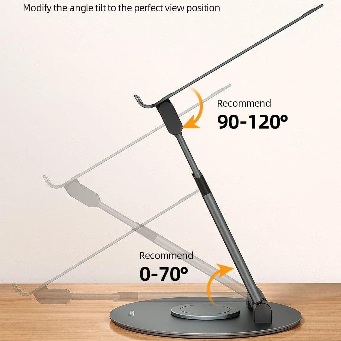 Aluminium alloy laptop bracket on desk with 360-degree rotating base and lifting mechanism