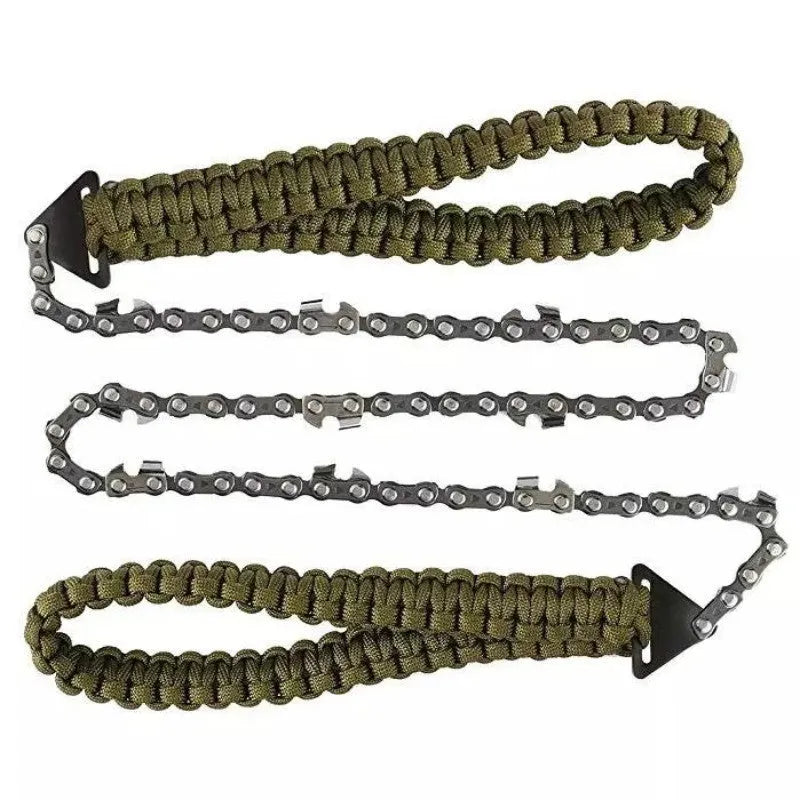 Braided umbrella rope camping survival pocket saw in army green with manganese steel blade, expanded to 103 cm, on natural wood surface