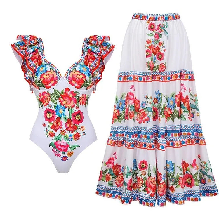 Women's printed one-piece polyester swimsuit with an attached matching skirt.