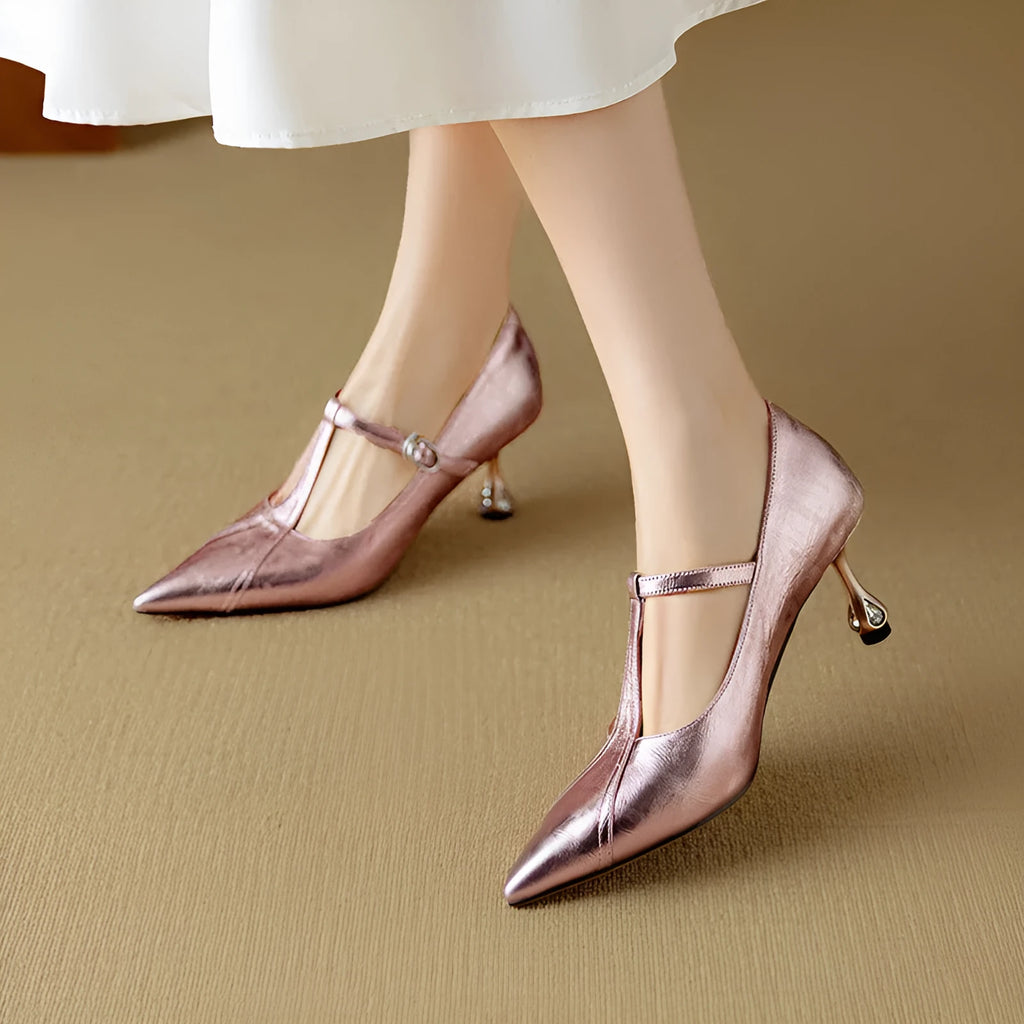 Women's genuine leather high heel shoes with chunky heel and pointed toe design