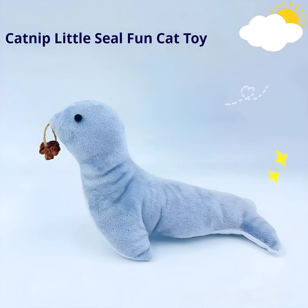 Blue sea lion shaped cat plush toy with bell sound feature and attached gall fruit teaser
