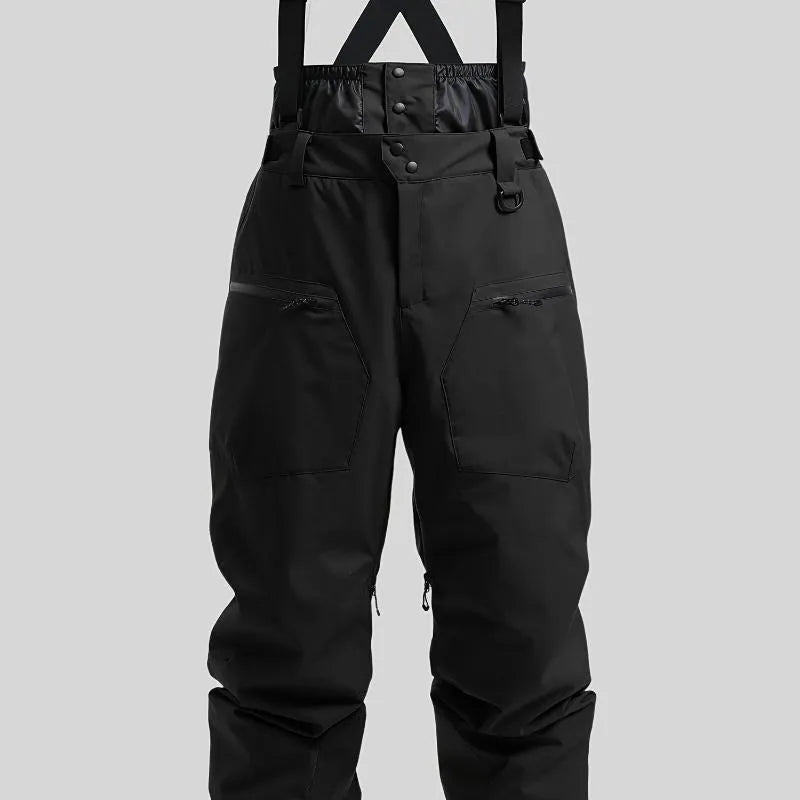 Men's black flame retardant linen ski pants with adjustable waist strap.