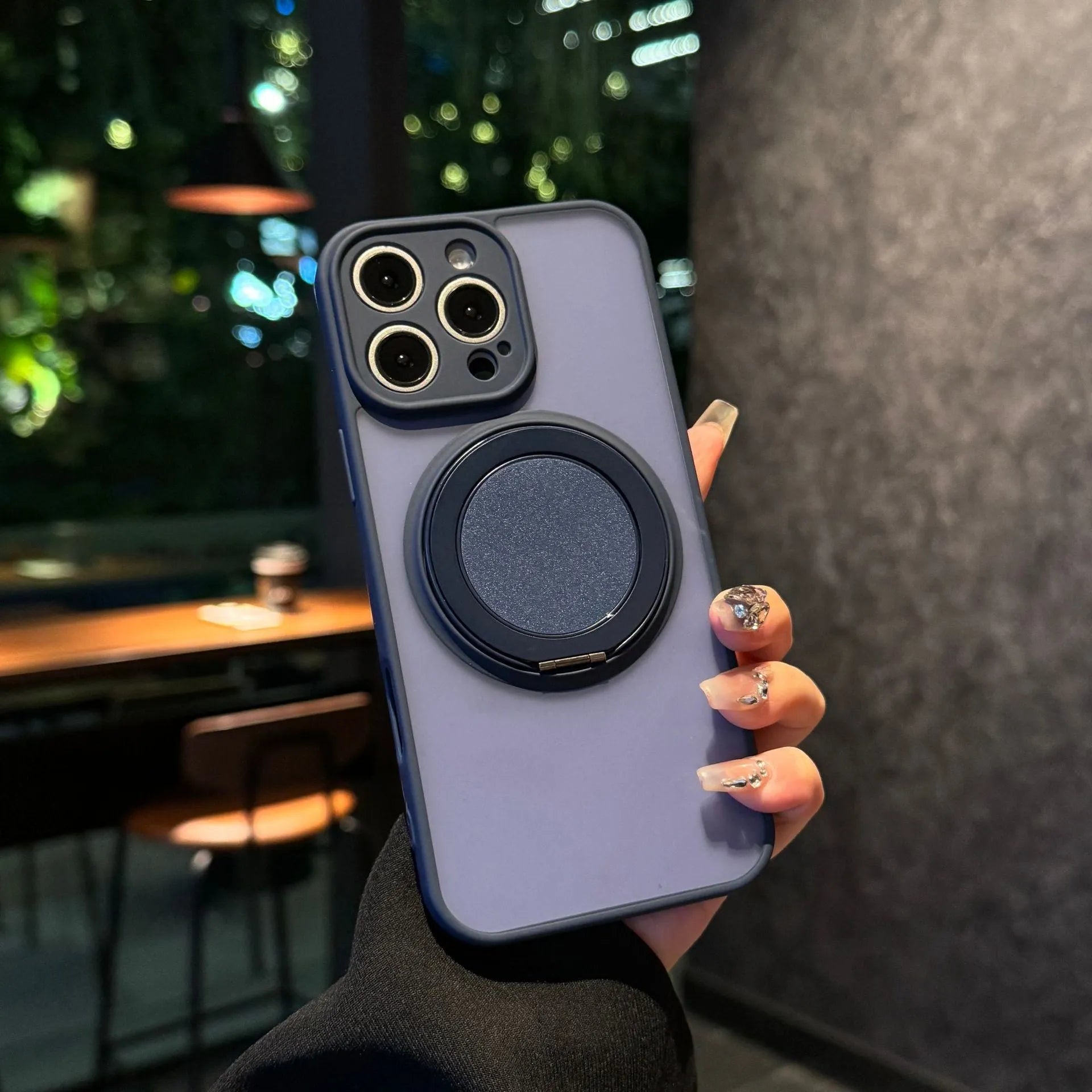 Frosted magnetic rotating bracket phone case for iPhone 17 in multiple colour options showing bracket extended