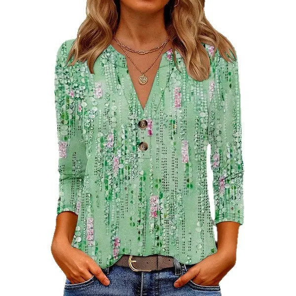 Women's loose-fit casual V-neck top with a 3D printed pattern in Japanese Korean style.